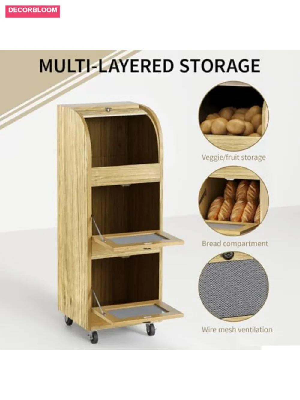 3-Tier Potato Onion Storage Bin with Wheels & Mesh Doors Bread Box Natural